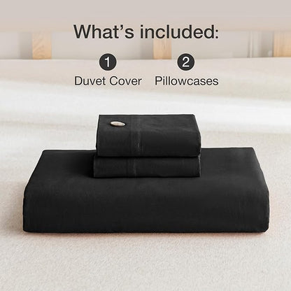 JELLYMONI Cotton Duvet Cover Cal King Size - Pure Black Comforter Cover with Button 100% Washed Cotton 3PCS Breathable Soft Solid Bedding Set Duvet Cover 104×98in & 2 Pillowcases (NO Comforter)
