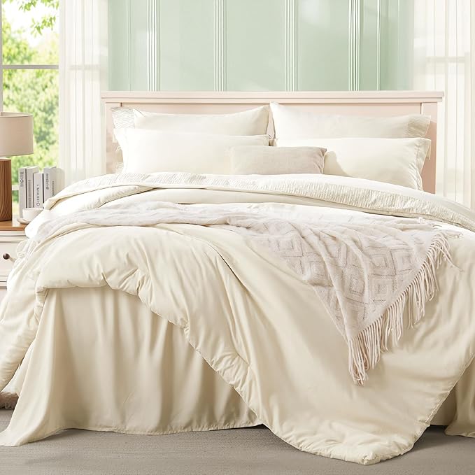 Anluoer Cream Twin Comforter Set 5 Pieces, Bed in a Bag with Sheets, All Season Bedding Sets with 1 Comforter, 1 Pillow Sham, 1 Pillowcase, 1 Flat Sheet, 1 Fitted Sheet