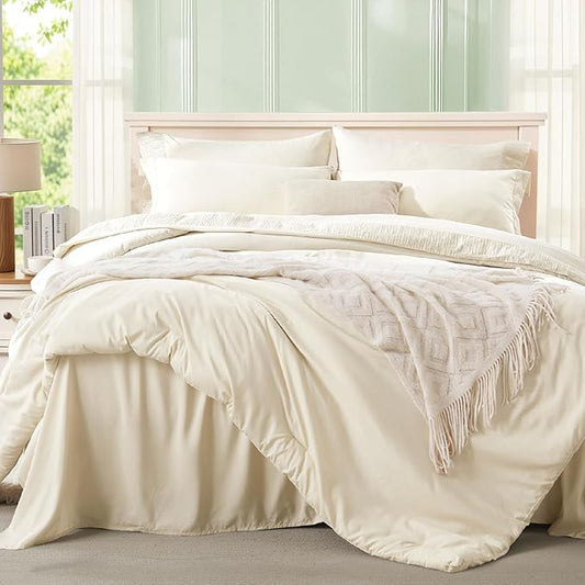 Anluoer Cream Twin Comforter Set 5 Pieces, Bed in a Bag with Sheets, All Season Bedding Sets with 1 Comforter, 1 Pillow Sham, 1 Pillowcase, 1 Flat Sheet, 1 Fitted Sheet
