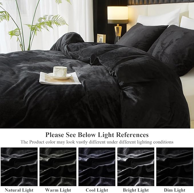 Ivellow Velvet Duvet Cover King Set Black Velvet Duvet Cover King Comforter Cover 3Pcs Ultra Soft Duvet Cover Breathable Solid Luxury Flannel Velour Duvet Cover Zipper Closure Corner Tie