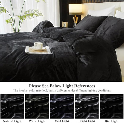 Ivellow Velvet Duvet Cover King Set Black Velvet Duvet Cover King Comforter Cover 3Pcs Ultra Soft Duvet Cover Breathable Solid Luxury Flannel Velour Duvet Cover Zipper Closure Corner Tie