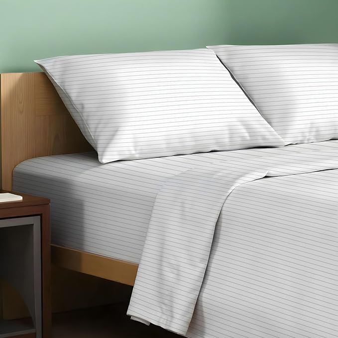 TEXAS LINEN CO. 100% Organic Cotton Printed Sheets Queen Size - 4 PC Organic Cotton Percale Sheets Queen Set (Pinstripe - Light Grey), Cooling & Breathable Sheet, 16" Deep Pocket - GOTS Certified