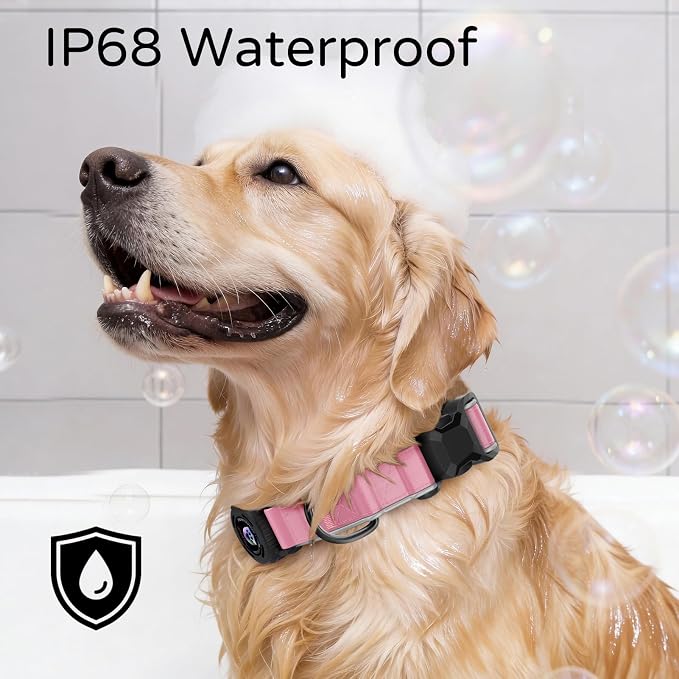 Airtag Dog Collar, Dog Collar with airtag Holder, IP68 Waterproof Leather Dog Collar with Metal Buckle & Lockable Airtag Holder, Heavy Duty Adjustable for Small Medium Large Dogs (Pink M)