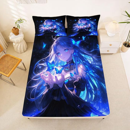 Erosebridal 3D Japanese Girl Fitted Sheet for Boys Girls Kids Blue Butterfly Decorations Queen Bed Sheets,Cartoon Sheets Anime Gifts for Her Bedding Sets, No Top Sheet