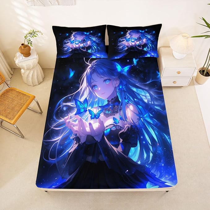 Erosebridal 3D Japanese Girl Fitted Sheet for Boys Girls Kids Blue Butterfly Decorations Full Bed Sheets,Cartoon Sheets Anime Gifts for Her Bedding Sets, No Top Sheet