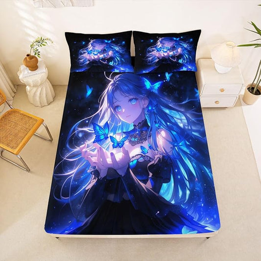 Erosebridal 3D Japanese Girl Fitted Sheet for Boys Girls Kids Blue Butterfly Decorations Full Bed Sheets,Cartoon Sheets Anime Gifts for Her Bedding Sets, No Top Sheet