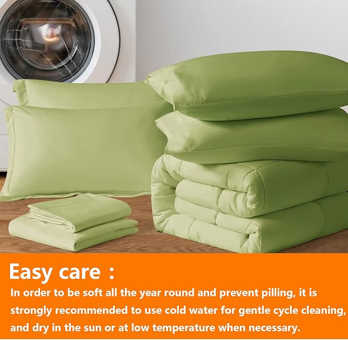 TAIMIT Sage Green Queen Size Comforter Set - 7 Pieces, Bed in a Bag Bedding Sets with All Season Soft Quilted Warm Fluffy Reversible Comforter,Flat Sheet,Fitted Sheet,2 Pillow Shams,2 Pillowcases
