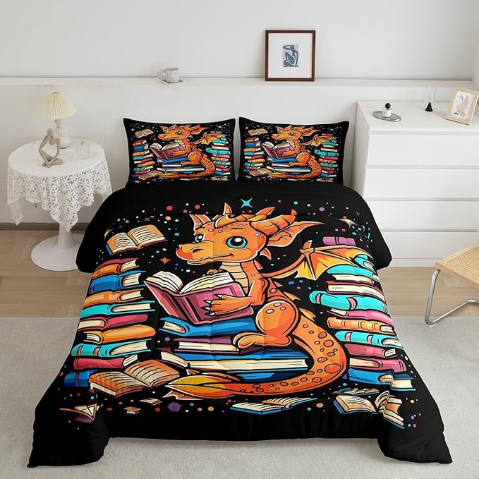 Western Dragon Comforter Set Queen Size,Glitter Star Polka Dot Bedding Set for Kids Boys Girls Room Decor,Magic Book Cartoon Animal Pattern Duvet Insert 3Pcs,Wildlife Black Quilt Set,2 Pillowcases