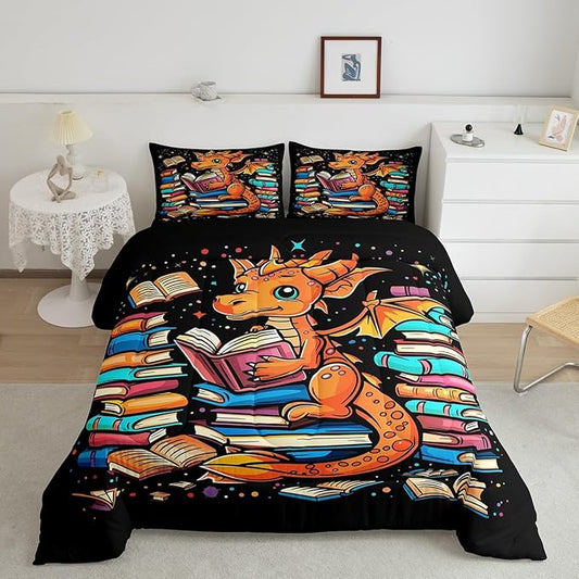 Western Dragon Comforter Set King Size,Glitter Star Polka Dot Bedding Set for Kids Boys Girls Room Decor,Magic Book Cartoon Animal Pattern Duvet Insert 3Pcs,Wildlife Black Quilt Set,2 Pillowcases