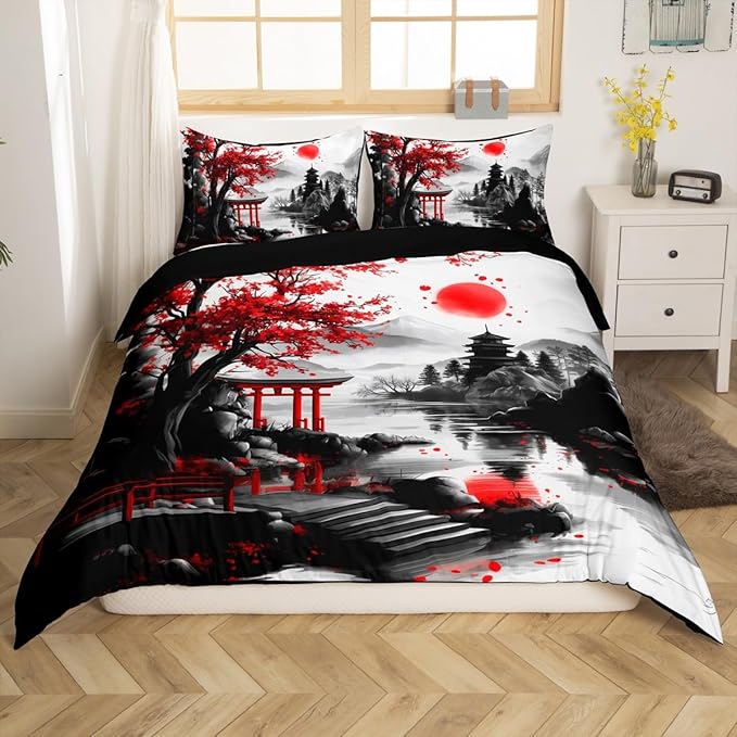 Feelyou Japanese Style Bedding Set Queen Size Cherry Blossom Duvet Cover for Adult Kids Boys Girls Watercolor Comforter Cover Set Natural Landscape Bedspread Cover 3Pcs Zipper