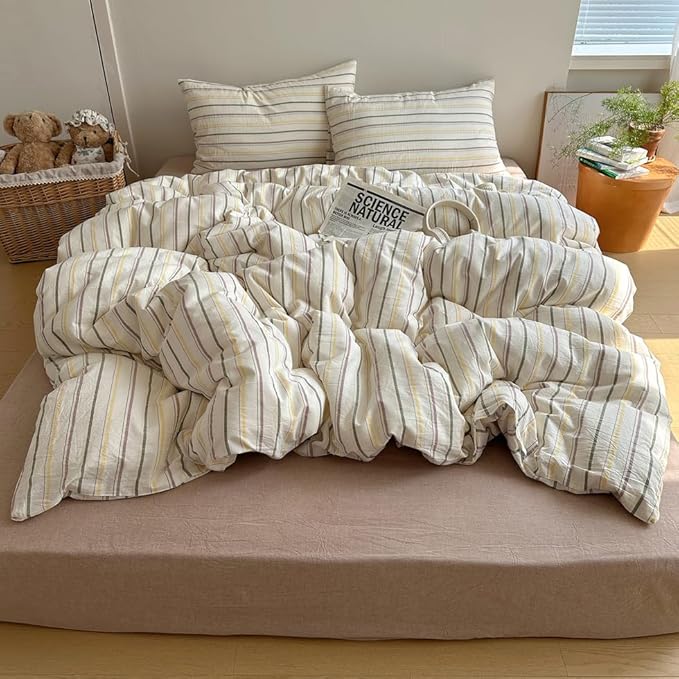 EAVD Retro Striped Duvet Cover Set Full Size 100% Cotton Chic Stripes Printed Bedding Set with 2 Pillowcases Vintage Geometric Pattern Duvet Cover with Zipper Closure(Yellow&Green&Brown, Queen)