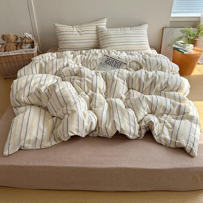 EAVD Retro Striped Duvet Cover Set Full Size 100% Cotton Chic Stripes Printed Bedding Set with 2 Pillowcases Vintage Geometric Pattern Duvet Cover with Zipper Closure(Yellow&Green&Brown, Queen)
