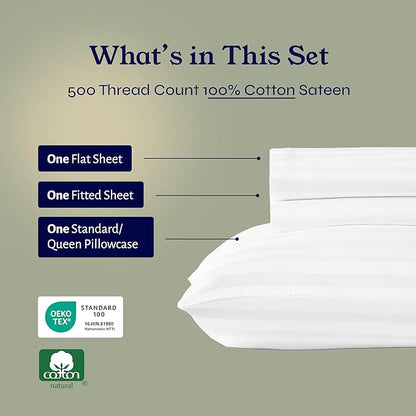 California Design Den Twin XL Size Sheet Set - 100% Cotton 500 Thread Count Sateen, Deep Pocket Bed Sheets with All Around Elastic, Soft Luxury - Striped White