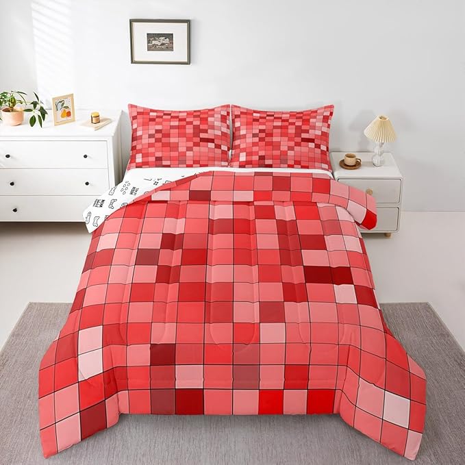 Manfei Pixelated Kids Comforter Set Twin Size,Patchwork Grid Video Games Bedding Set Boys Girls Room Decor,Miners Lattice Simple Quilt Comforter,Red Duvet Set Bedroom Quilt Set,1 Pillowcase