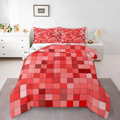 Manfei Pixelated Kids Comforter Set Twin Size,Patchwork Grid Video Games Bedding Set Boys Girls Room Decor,Miners Lattice Simple Quilt Comforter,Red Duvet Set Bedroom Quilt Set,1 Pillowcase