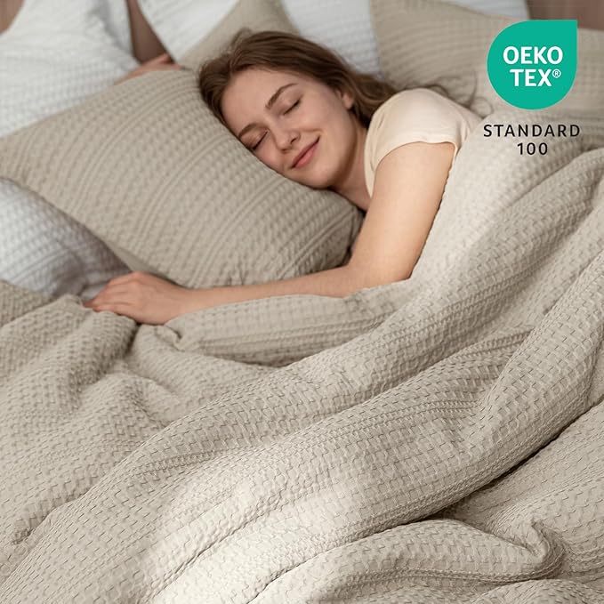 PHF Soft Waffle Comforter Set Twin Size- Comfy Breathable Waffle Weave Comforter with 1 Pillow Shams, 2 Pieces Less Snagging Lightweight Textured Bedding Set for All Season, Natural/Linen