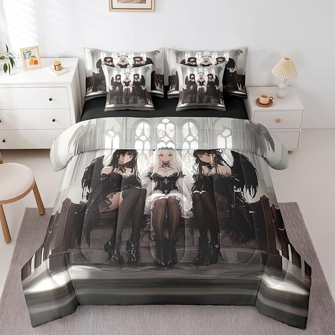 Erosebridal Japanese Anime Twin Comforter Set 7 Piece, Anime Girl Bedding Set Kawaii Japanese Style Sheet Set Cartoon Japan Animation Bed in A Bag for Boys Youth Teens Adult Women Bedroom