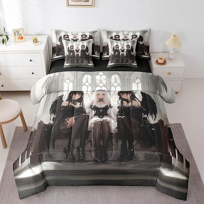 Erosebridal Japanese Anime Full Comforter Set 7 Piece, Anime Girl Bedding Set Kawaii Japanese Style Sheet Set Cartoon Japan Animation Bed in A Bag for Boys Youth Teens Adult Women Bedroom