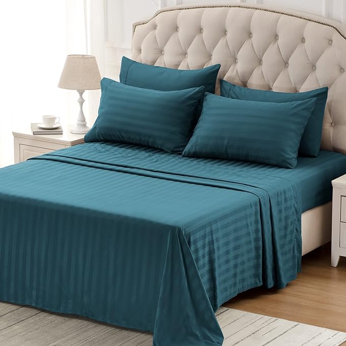 SLEEP ZONE Striped Cooling Sheets Set Full Size - Fitted Flat Sheet & Pillowcase Sets 4 Piece - Super Soft Stripe Bed Sheet, Easy Care, Deep Pocket (Teal, Full)