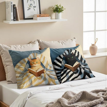 Funny Cat Reader Book Throw Pillow Cover 18 x 18 Set of 2, Gifts for Book Lovers, Reading Nook Corner Decor, Preppy Floral Black Orange Tabby Tuxedo Cats Bookish Pillowcase（01）