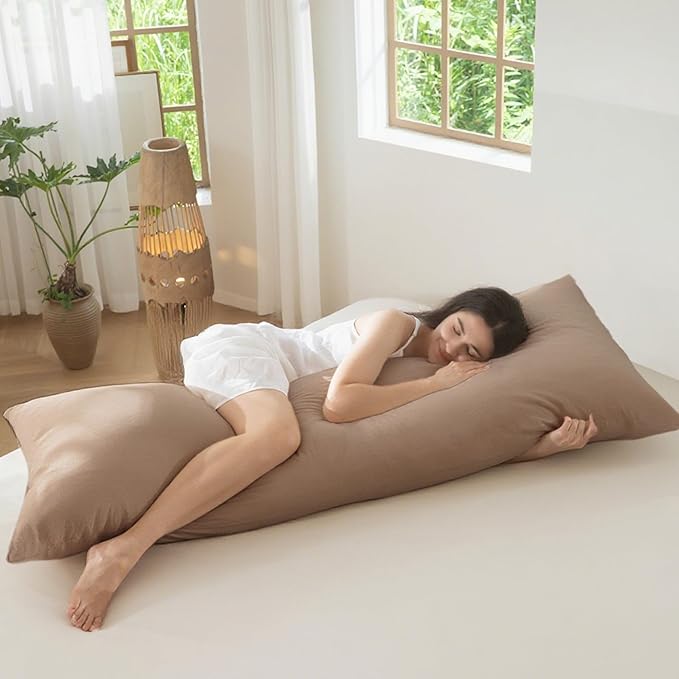 MooMee Body Pillow Cover Pillowcase with Zipper 100% Washed Cotton Linen Like Textured Breathable Durable Soft Comfy (Brown, 21”x54”, 1PC)