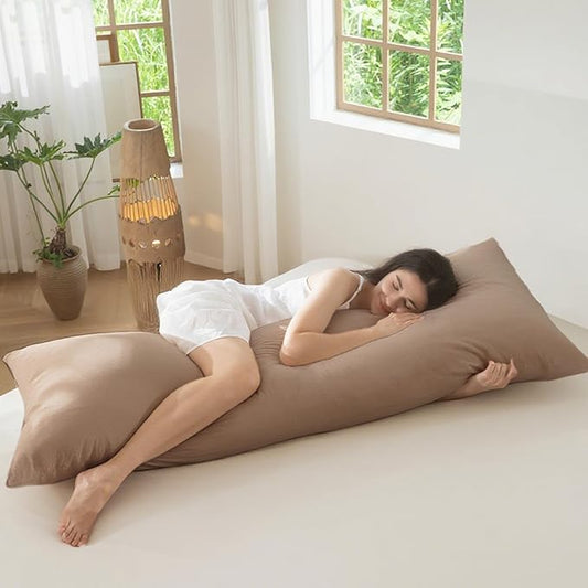MooMee Body Pillow Cover Pillowcase with Zipper 100% Washed Cotton Linen Like Textured Breathable Durable Soft Comfy (Brown, 21”x54”, 1PC)