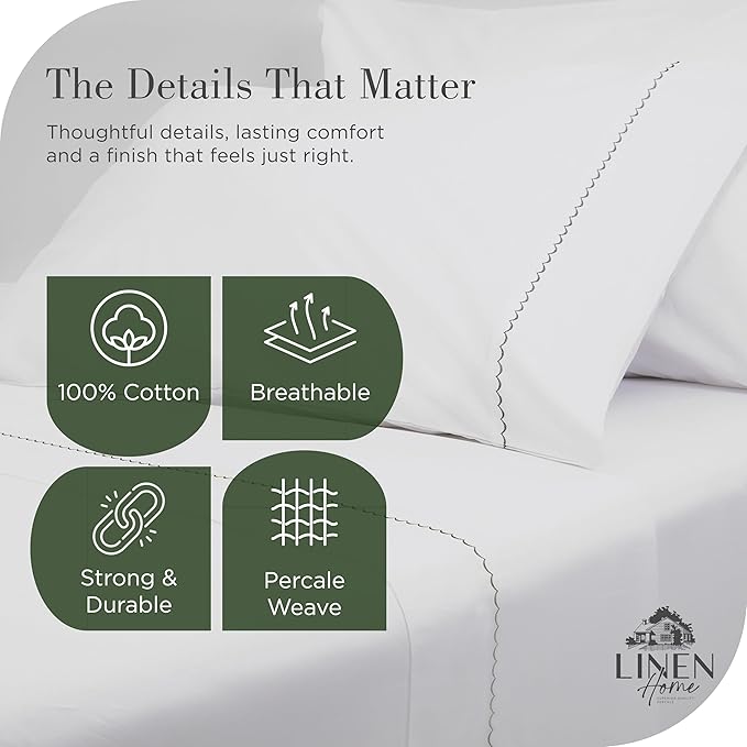 Linen Home 100% Cotton Percale Moon Scallop Hem Pillowcases Queen/Standard Size, Olive Green, 2 Pieces of Pillow Case, Crisp and Cool Strong Bed Linen, 20 inches X 30 inches