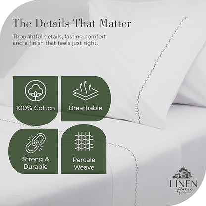 Linen Home 100% Cotton Percale Moon Scallop Hem Pillowcases Queen/Standard Size, Olive Green, 2 Pieces of Pillow Case, Crisp and Cool Strong Bed Linen, 20 inches X 30 inches