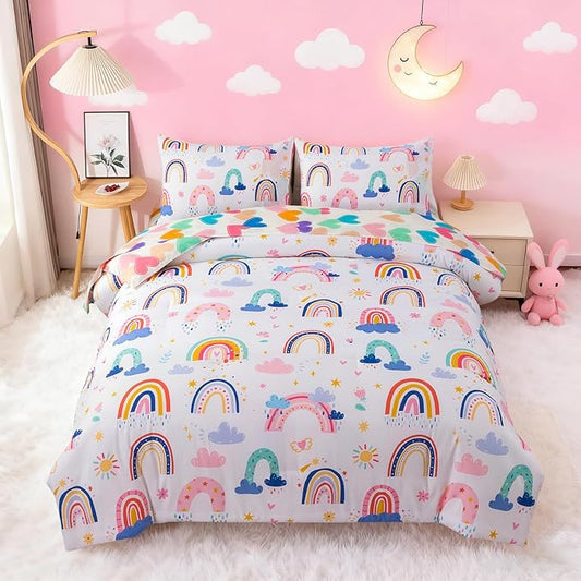 Btargot Lightweight Soft 3 Piece Rainbow Comforter Set with 2 Pillow Covers, Cartoon Leaves Flowers and Sun Star Bedding Set for Girls Boys Kids, Twin White