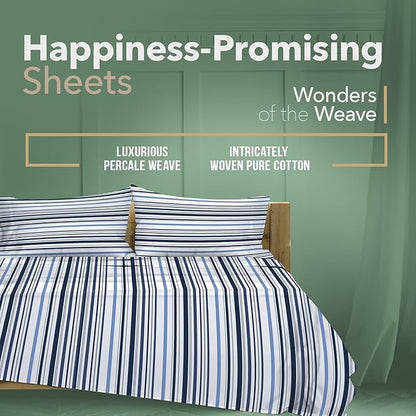 TEXAS LINEN CO. 100% Organic Cotton Printed Sheets Twin XL Size - 3 PC Organic Cotton Percale Sheets Twin XL (Variegated Stripe), Cooling Sheet for Dorm Room, 16" Deep Pocket - GOTS Certified