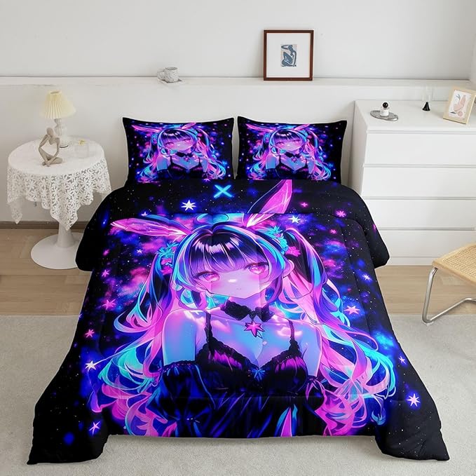 Erosebridal 3D Mushroom Girls Bedding Sets Full - Japanese Modern Fashion Comforter Set for Kids Adults Abstract Graffiti Duvet Insert Watercolor Aesthetic Quilt