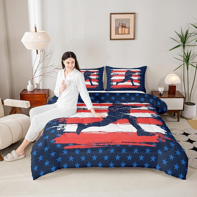 Feelyou Lacrosse Comforter Set Queen Size Boys Gilrs American Flag Sports Theme Bedding Set for Kids Adults Ultra Soft Lacrosse Player Games Comforter Navy Blue Duvet Set Room Decor Quilt Set