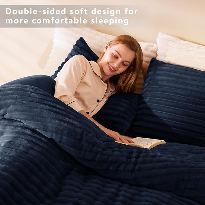 CozyLux Fluffy Queen Comforter Set - Super Soft Faux Fur Navy Blue Comforter Queen Size, Winter Warm Fleece Bedding Set, 3 Pieces Plush Fuzzy Bed Set (1 Shaggy Comforter, 2 Pillowcases)