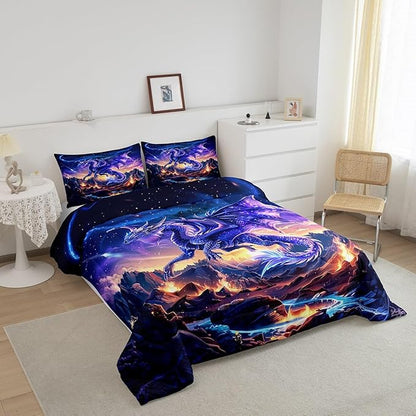 Dragon Comforter Set Full Size,Magical Animals Bedding Set 3Pcs,Kids Girls Boys Teens Room Decor,Starry Sky and Flame Mountain Quilt Set Purple Western Wildlife Theme Duvet Insert,2 Pillowcases