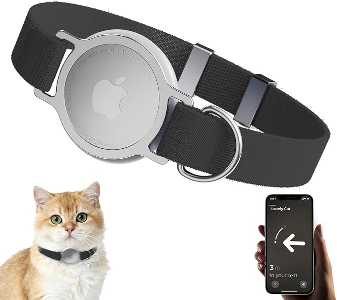 AirTag Cat Collar, Ultra Elastic Cat Tracker Collar (Black) | Compatible with Apple Air Tag Holder, Lightweight, Scratch Resistant, Stepless Adjustable Pet Tracking Collars for Cat Kitten