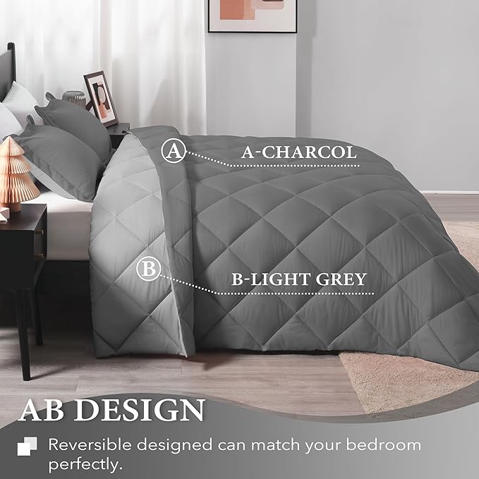 downluxe California King Comforter Set - Charcol and Grey Cal King Comforter Set, Soft Bedding Sets for All Seasons - 3 Pieces - 1 Comforter (104"x96") and 2 Pillow Shams(20"x36")