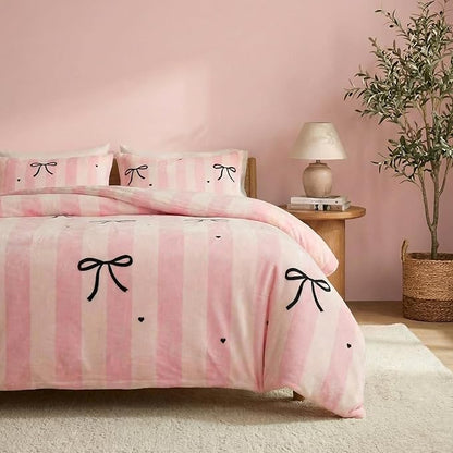 Bedbay Pink Striped Fleece Comforter Set Queen Size Girls Bow Comforter Soft Warm Fleece Velvet Bedding Set Pink Stripes Cute Bow Tie Pattern Fluffy Queen Bed Set 3 Pcs for Boys Girls Teen