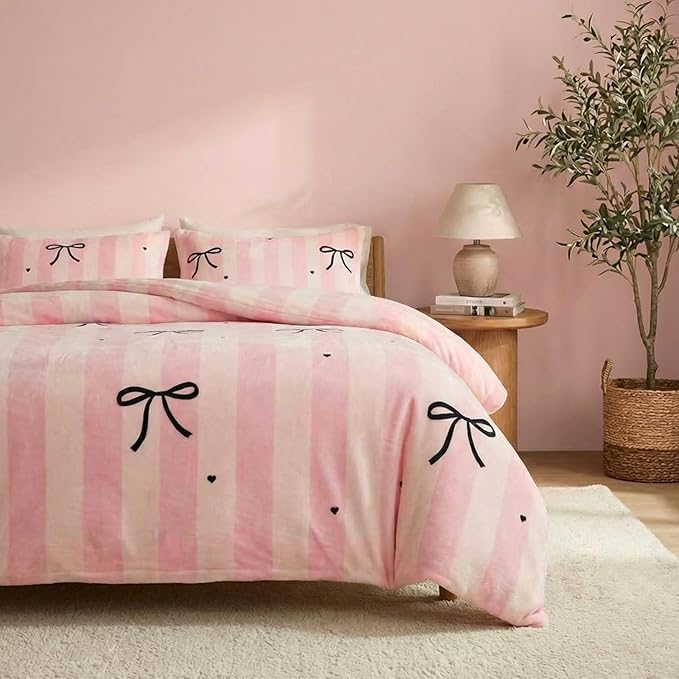 Bedbay Pink Striped Fleece Comforter Set King Size Girls Bow Comforter Soft Warm Fleece Velvet Bedding Set Pink Stripes Cute Bow Tie Pattern Fluffy Queen Bed Set 3 Pcs for Boys Girls Teen