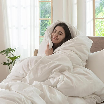 MooMee Bedding Duvet Cover Set 100% Washed Cotton Linen Like Textured Breathable Durable Soft Comfy (Solid Off White, Cal King 104"x98")
