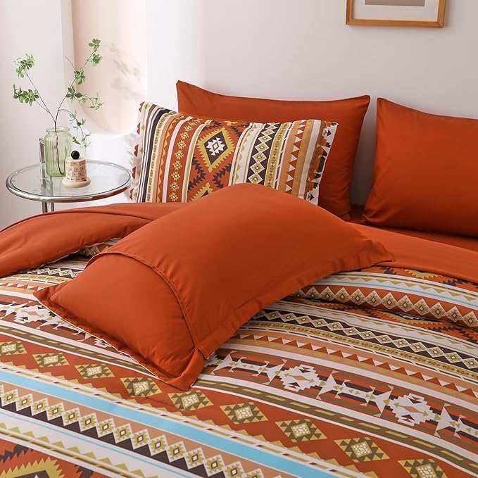 Dinjoy Queen Size Comforter Set Boho,Burnt Orange Bed in a Bag Queen Striped Bedding Sets Fall Terracotta Comforters with Sheets 7 Pieces Complete Set Aztec for All Season 90"x90"