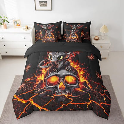 Black Cartoon Dragon Butterfly Comforter Set,Gothic Sugar Skull 7 Piece Bed Set King Size for Kids,Happy Halloween Bed in a Bag Bedding Set with Comforter,Sheet Set,Pillowcases,Pillow Covers