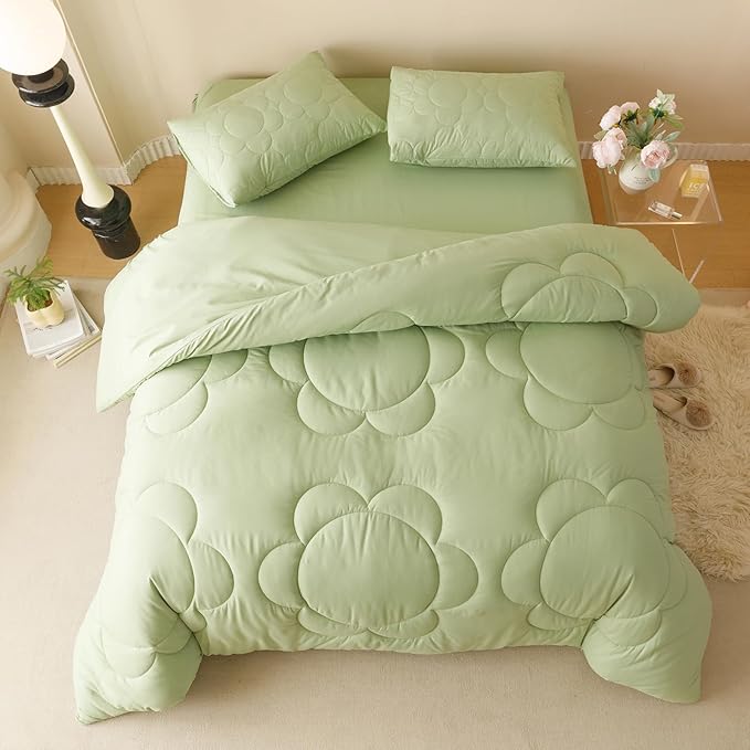 Houseri Sage Green Floral Comforter Set King Sunflower Light Green Fluffy Quilted Comforters King Size Ultra Comfy Bedding Sets Soft Breathable