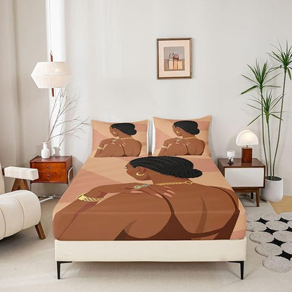 Erosebridal Fashion Black Woman Bedding Set Queen Size 3 Piece Romantic Makeup Themed Girls Bed Sheets Fashionable Gorgeous Fitted Sheet Vogue Afro Girls Sheets for Kids Teens Adult Bedroom