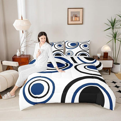 Erosebridal White Blue Black Striped Queen Comforter Set for Adult Women Men Modern Circle Abstract Bedding Set Contemporary Graffiti Lines Bed Set Minimalists Aesthetic Boho Quilt Set