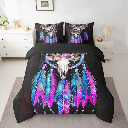 Erosebridal Bull Skull Bed in a Bag Queen Comforter Set 7 Piece,Dream Catchers Bedding Sets Bohemian Dreamcatcher Feather Sheet Set with Comforter