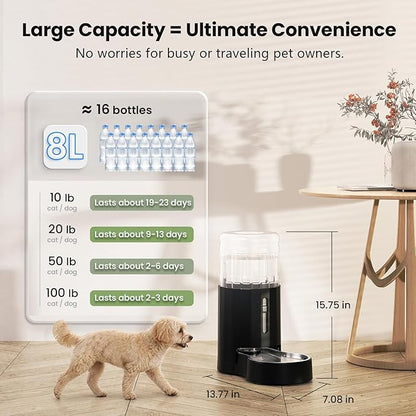 CZPET Dog Water Bowl Dispenser 8L, Wider Mouth Gravity Refilling (Black) | With Stainless Steel Bowl Gravity Waterer, Large Capacity and Drinking Area Noise-Free for Pets