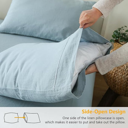 Simple&Opulence 100% French Linen Pillowcase Queen Size-Set of 2- Washed Solid Color Pillow Cases Embroidered -Soft and Durable (Dusty Blue, 20''x30'')