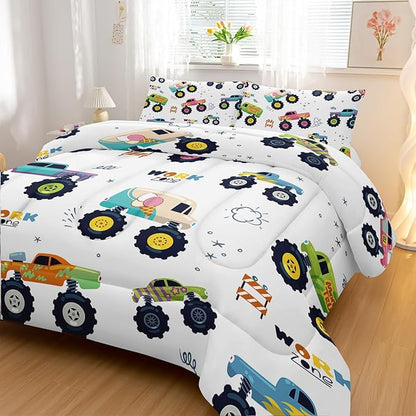 Kids Comforter Set for Boys,Cartoon Monster Car 3 Pieces Bedding Set King,Colorful Off-Road Vehicle All Season Soft Microfiber Down Alternative with 2 Pillowcases