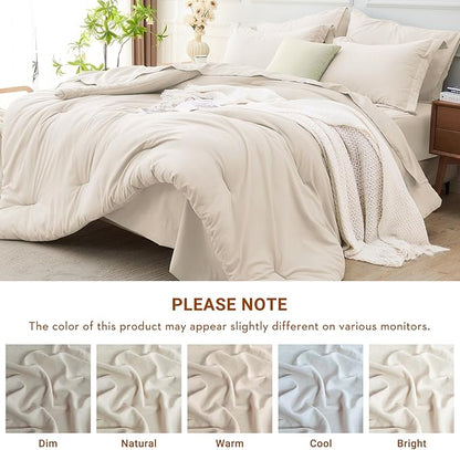 MUXHOMO 5 Pieces Twin Comforter Set, Soft Bed in a Bag Twin Size, All Season Bedding Set with Comforter, Flat Sheet, Fitted Sheet, Pillowcases & Shams, Beige
