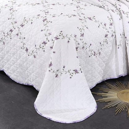 vctops 3-Piece Elegant Floral Embroidered Bedspread Coverlet Set 100% Cotton Reversible Patchwork 1 Quilt and 2 Pillow Shams Full/Queen, Purple